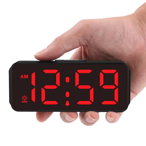 Peakeep Small Battery Powered Digital Alarm Clock | Cordless Home Travel Portable, 1.65" Large Numbers Auto Brightness, LED Display 4 Dimmers, 5 Volumes - color: Red Digits