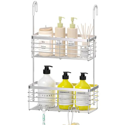 DELLAN Hanging Shower Caddy, 2-Tier Shower Rack with Hooks Over the Door | Bathroom Shower Caddy and Basket - color: Silver, size: 2-Tier 11"D x 4.7"W x 4.1"H