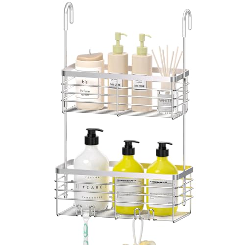 DELLAN Hanging Shower Caddy, 2-Tier Shower Rack with Hooks Over the Door | Bathroom Shower Caddy and Basket - color: Silver, size: 2-Tier 11"D x 4.7"W x 4.1"H
