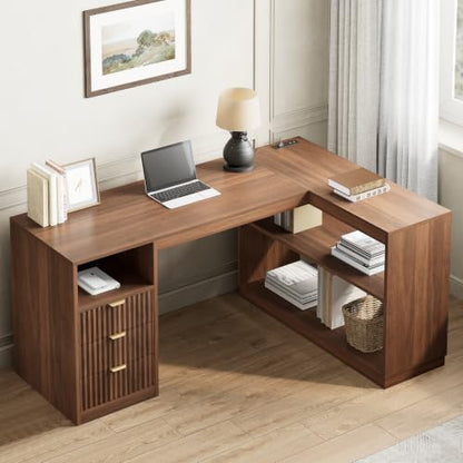 L-Shaped Home Office Desk with Storage Drawers & Shelves, Farmhouse Computer Desk with Power Outlet, 51.25" Writing Desk for Home Workstation Study, Walnut