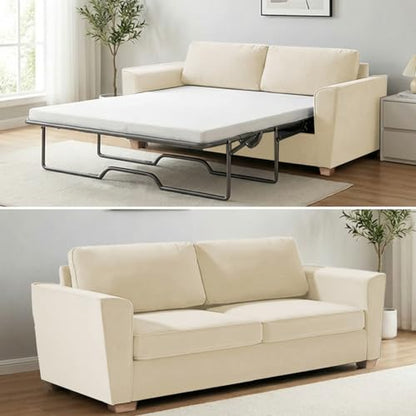 Full Size Pull Out Sleeper Sofa Bed 71" W with Memory Foam Pillows and Mattress, Convertible 2-in-1 Loveseat Sofa Sleeper Couch with Pullout Beds for Living Room Apartment Small Spaces, Beige