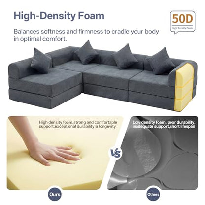 112" L Shaped Modular Sectional Sofa with Ottoman, Cloud Boneless Couch Deep Seat with 4 Pillows, Oversized Folding Sofa Bed Couches for Living Room Bedroom,No Assembly-Grey - color: Grey, size: 4 Seat