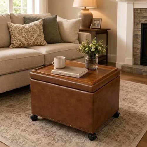 Homebeez Faux Leather Storage Ottoman with Wheels and Reversible Tray Top, 22” Tufted Rectangular Coffee Table with Hidden Storage, Nailhead Rolling Footrest for Living Room & Bedroom, Caramel Brown - color: Caramel Brown With Wheels