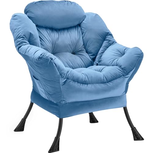 Youtanic Lazy Chair Thick Padded, Comfy Velvet Accent Lounge Chair with Stable Frame, Leisure Sofa Armchair with Armrests and Side Pocket, Reading Chair for Bedroom, Living Room, Office, Light Blue - color: Light Blue Without Stool