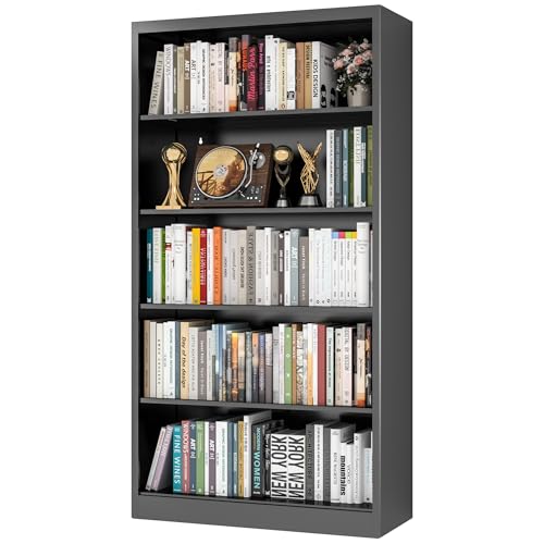 VASAAOSD 66" Tall Metal Bookcase, 5 Shelf Black Bookcase with Adjustable Shelves, Large Bookshelves and Bookcases, Modern Book Shelf Storage Organizer for Living Room, Home Office, Library (Black) - color: Black, size: 66" H