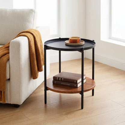 Round End Table with 2 Tier Storage, Modern Side Table with Wood Grain Lower Shelf and Durable Metal Frame, Small Accent Table for Sofa, Bedroom, Living Room, Apartment and Office