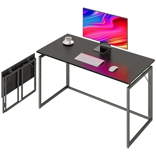 39.4" Folding Desk: No Assembly, Wood Top for Small Spaces | 39.4 in dual-monitor workspace, holds 150 lbs, folds flat to 2.3 in, splash-proof top, home office or gaming - color: Black, size: 39.4"W x 19.7"D