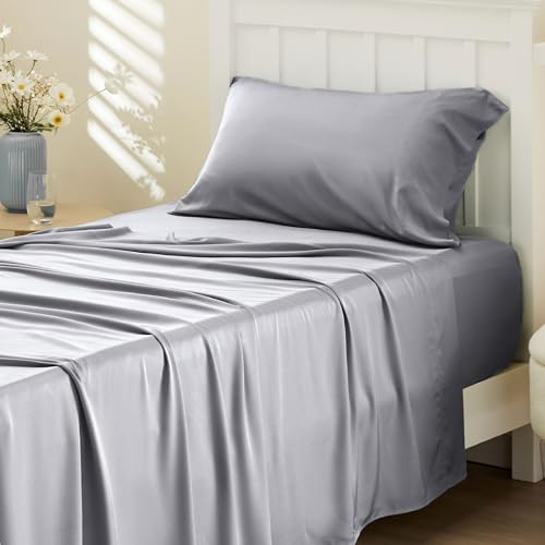 Bedsure PureWoven 100% Rayon Derived from Bamboo, Twin Bed Sheets, 3 Pieces | Cooling Sheets for Hot Sleepers, Breathable & Silky Soft, 16" Deep Pocket, Hotel Luxury Bedding, Silver Grey - color: 04 - Silver Grey, size: Twin