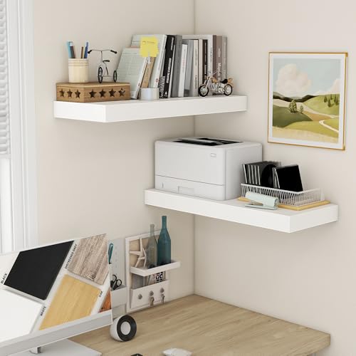 30 Inch Floating Shelves, 12'' Deep White Shelves for Wall Set of 2 | Invisible Brackets, Engineered Wood, Mounting Hardware Included, 45LBS, Bathroom, Laundry Room, Kitchen, Living Room - color: White, size: 30W x 11.6D x 2H, 2 Pack