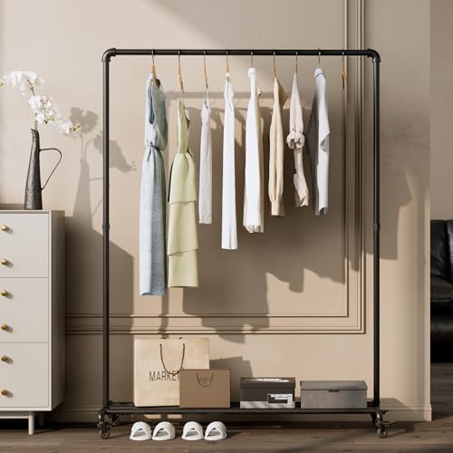 Industrial Pipe Clothing Rack with Wheels,Rolling Garment Rack with Bottom Shelf, Sturdy Metal Clothes Rack for Hanging Clothes Heavy Duty,Black Mobile Wardrobe Rack for Bedroom & Boutique