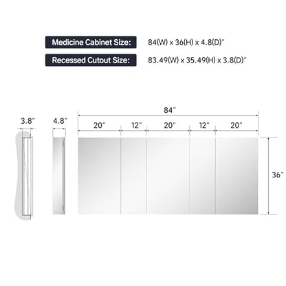 84"x36" Medicine Cabinet with Mirror & Soft Close Hinges, Surface Mount or Recessed Medicine Cabinet with Adjustable Shelves, Bathroom Wall Medicine Cabinet with Storage, Aluminum Alloy Frame, Combo - size: 84" x 36"