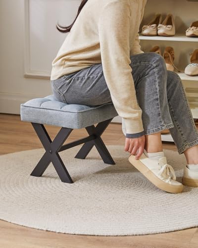 IBUYKE Small 12" H Footrest, Square Linen Step Stool, Blue Gray WBD011L | Foot Stool Metal X-Leg Multi-Use Small Side Table Living Room Bedroom Entryway Office - color: Blue Grey, size: 12.2"-Linen