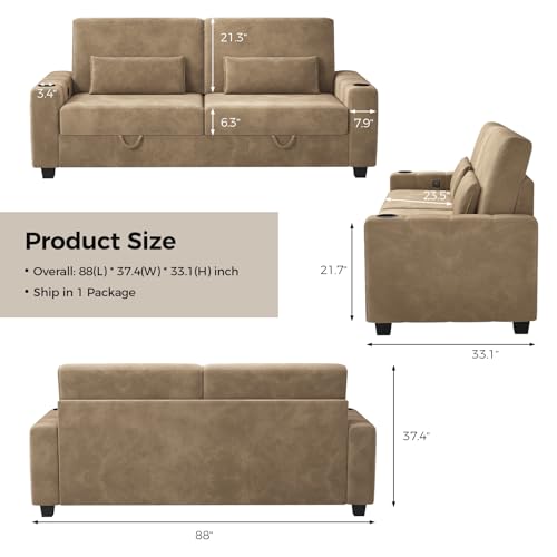 COPIAE Loveseat Sofa, Larger Couch Velvet Fabric with Storage, Charging Ports, Heightened Backrests, Removable Cover Modern Comfy Couches Easy Assembly for Living Room, 88 Inch Gold - color: Gold