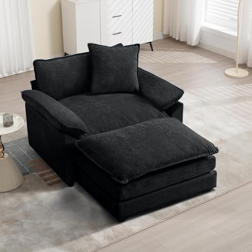 Modern Oversized Chair with Ottoman, Comfy Chenille Accent Chair Large Upholstered Armchair with Extra Thick and Deep Seat Lounge Chair for Living Room,Bedroom,Apartment,Black - color: Black, size: 1(chair+ottoman)