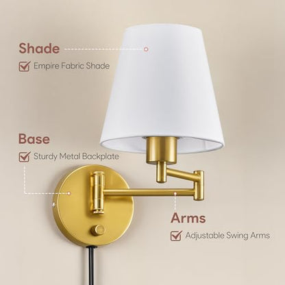 VONLUCE Wall Lamp, Plug in & Swing Arm Wall Sconce, Gold Finish | Modern Wall Lights with White Fabric Shades, Plug in & Hardwired Wall Mounted Light for Bedside, Living Room, Hallway - color: Gold, size: 1 Pack