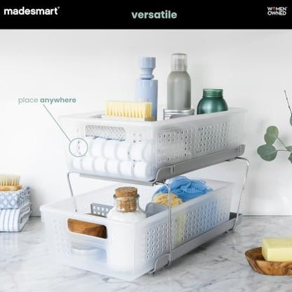 madesmart Two Tier Pull Out Organizer, Frost | adjustable dividers, tiered access, cleaning supplies, under sink use, pantry bottles, woman owned - color: Frost + Dividers, size: 1-Pack