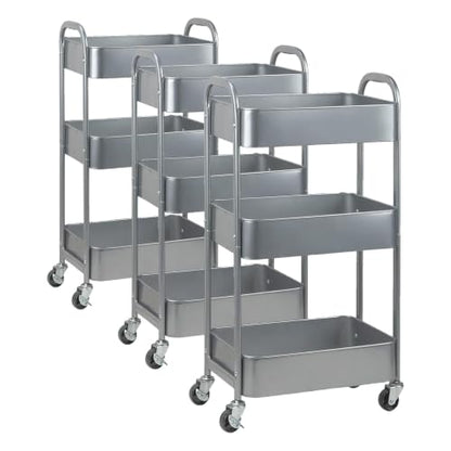 MAX Houser 3-Tier Rolling Utility Cart with Caster Wheels,Easy Assembly, for Kitchen, Bathroom (Silvery-Grey) (Pack of 3) - color: Silvery-grey, size: 3-Tier Standard Cart (Pack of 3)