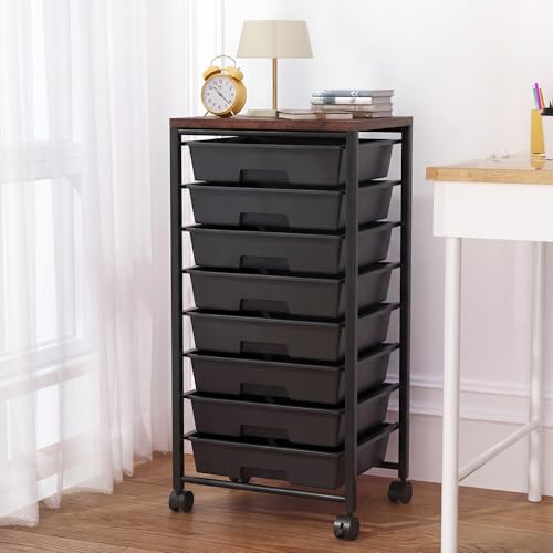 Rolling Cart with 8 Drawers, Storage Drawers Cart with Wooden Tabletop and Lockable Wheels, Craft Storage for Living Room, Office, Classroom, Craft Room, Bedroom (Black) - color: Black