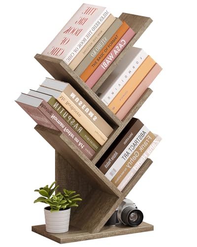 Hoctieon 4 Tier Tree Bookshelf, 4 Shelf Bookcase, Modern Book Storage, Free Standing Tree Bookcase, Utility Organizer Shelves for Home Office, Living Room, Bedroom, Greige - color: Greige, size: 4 Tier