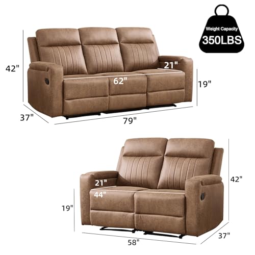 Manual Faux Leather Loveseat and Recliner Sofa Set, Wall-Hugger Reclining Living Room Furniture Set, 2-Seater Recliner Chair, 3-Seat Reclining Sofa Couches for Living Room, Villa, L-Brown, 2+3 - color: Light Brown, size: 58"W+79"W（2+3）