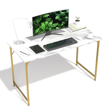 47 Inch Computer Desk with Wood Board and Metal Frame, Modern Simple Style Work Desk with Adjustable Feet, Study Gaming Desk Table for Home Office, Bedroom, Small Spaces - color: Gold