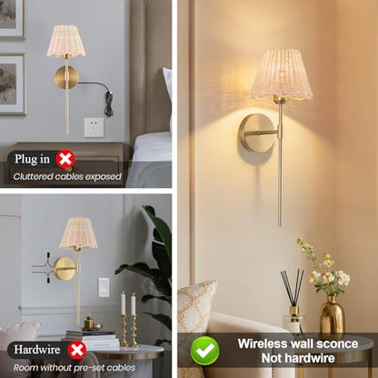 Battery Operated Wall Sconces Set of 2, Rattan Shade Wireless Wall Sconces, RGB Rechargeable Dimmable, Gold Boho Wall Sconce for Bedroom, Living Room, Hallway Bulbs Included - color: Gold 19.6in