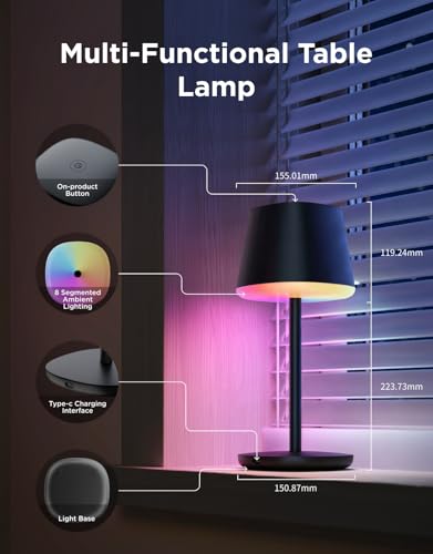 Govee Smart Cordless Table Lamp Classic (No Adapter), RGBIC Desk Lamp | Rechargeable Table Lamp for Living Room, Portable Lamp Works with Matter, Bedside Lamp for Nightlight, 72 Scenes Modes, 500lm