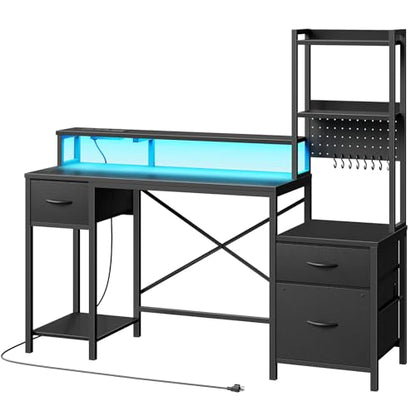 55" Gaming Desk with Power Outlet & LED Light, Computer Desk with Fabric Drawers, Storage Shelves & Monitor Stand, Industrial Gaming Table with Side Hook, Black