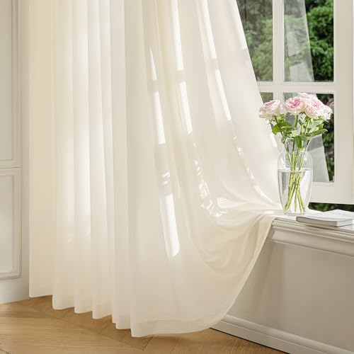 FMFUNCTEX Cream Sheer Curtains, 45 Inch, Rod Pocket, 2 Panels for Bedroom | Butter Cream Semi Sheer Airy Drapes for Living Room, Faux Silk, Light Filtering for Privacy Without Blocking Natural Light - color: Butter Cream, size: 52"W x 45"L (Pack of 2)