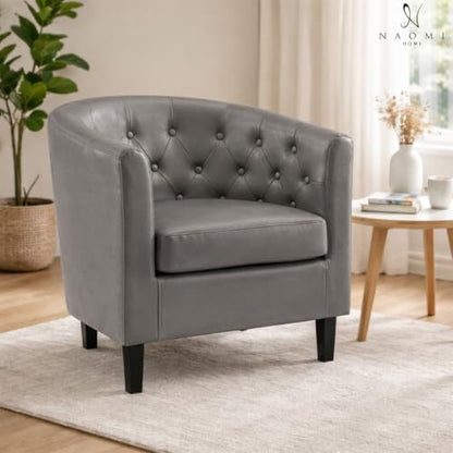 Naomi Home Emma Faux Leather Tufted Barrel Accent Chair - Gray | Solid wood frame, sturdy legs and easy-clean faux leather create lasting comfort for living room, bedroom or office. - color: Grey, style: Barrel