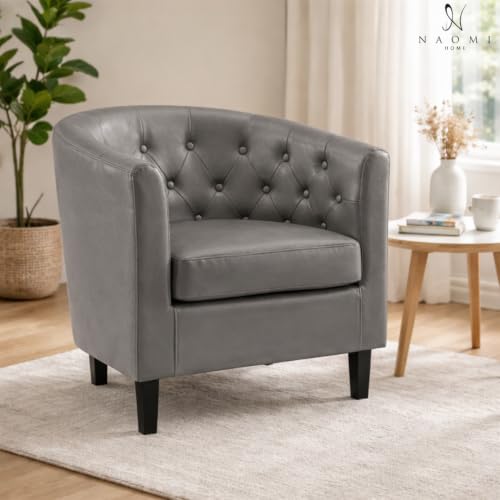 Naomi Home Emma Faux Leather Tufted Barrel Accent Chair - Gray | Solid wood frame, sturdy legs and easy-clean faux leather create lasting comfort for living room, bedroom or office. - color: Grey, style: Barrel
