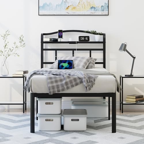 YORMDMO Twin Bed Frame - Heavy Duty Metal Bedframe with Storage Headboard Charging Station, Easy Assembly, No Box Spring Needed, 18 Inch, Black