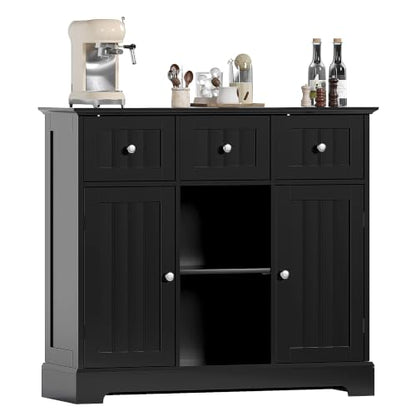 ChooChoo 35.4" Coffee Bar Cabinet with 3 Drawers and 2 Doors, Black | Buffet Cabinet with Adjustable Shelves, Storage Cabinet for Compact Kitchens, Dining rooms and Living rooms - color: Black