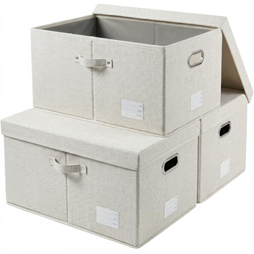 Storage Bins with Lids [3-Pack] Linen Fabric Foldable Storage Boxes Organizer Containers Baskets Cube with Cover for Bedroom Closet Office Beige (23.4X15.9X11.4) - color: Beige, size: XL(3-Pack)