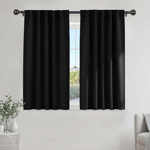 PONY DANCE Blackout Window Curtains - Insulating Against Drafts Drapes Noise Reducing Thermal Insulated Back Tab/Rod Pocket Draperies, 52 x 45-inch Long, Black, Double Panels - color: Black, size: 52"W x 45"L (Pack of 2)