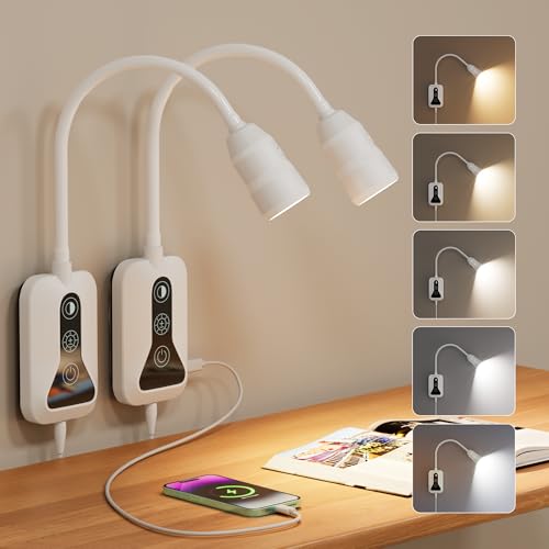 Wall Mounted Reading Light for Bed, Headboard Light with 360° Flexible Arm, Hand Wave Sensor, Focused 60° Beam, 5 Color Temperatures, Stepless Dimming, Memory Function, USB-C Output, White 2 Pack - size: 2 Pack-White