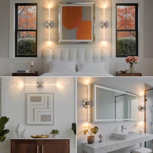 Modern LED Battery Operated Wall Sconces Set of Two, Dimmable Bathroom Crystal Wall Sconce, USB Rechargeable Brushed Nickel Vanity Wall Lamp, Bubble Wall Lights For Bedroom, Living Room. 20-Inch - color: Brushed Nickel