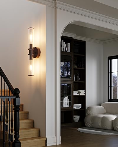 Rayogale Walnut Wireless Battery Operated Wall Sconces with Remote Control | Glass Rechargeable Wall Lights Set of 2 with Timer Function Dimmable for Living Room Bedroom Emergency 3000K, 20.5 Inch - color: Walnut(Clear Tubular Lampshade)