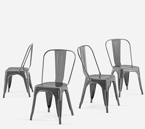 Metal Kitchen Chairs Set of 4 Deepspace Grey Color | Industrial Stackable Metal Chairs,for Kitchen Dining Rooms Cafes Restaurant Outdoor - color: Deepspace Grey