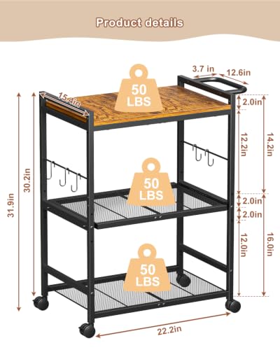 Feyejade 3-Tier Rolling Kitchen Cart with Storage, Compact Metal Island | Compact size for pantry storage, adjustable shelf utility cart, pull out drawer, microwave stand table top open shelving