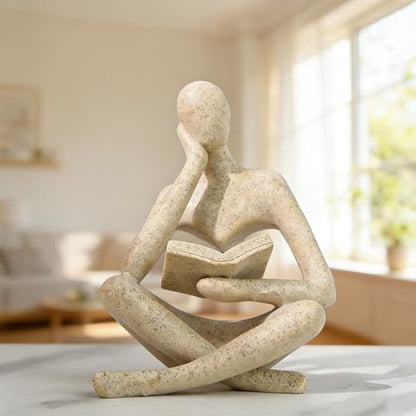 1PC Abstract Reading Thinker Statue, Resin Modern Art Sculpture for Bookshelf Coffee Table Home Office Decor (Beige)