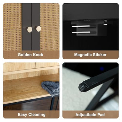 Rattan Toilet Storage Cabinet, Over The Rack Wood Cabinet with Metal Stand, Bathroom Organizer with Adjustable Shelf, Tall Freestanding Washer Shelf, Small Cupboard, Space Saver, Natural style, Black - color: Rattan Door-black