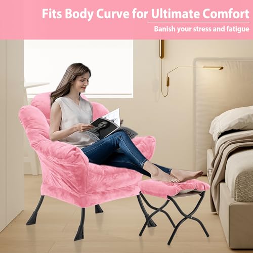 Youtanic Lazy Chair with Folding Ottoman, Accent Chair Plush Upholstered with Metal Structure and Non-Slip Pads, Sofa Armchair with Footrest and Side Storage Bag for Dorm, Room, Office, Pink - color: Plush Pink-f