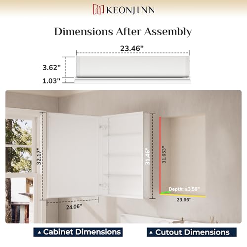 Keonjinn White Bathroom Medicine Cabinet Mirror 24 x 32, Assembly Needed | Stepless Adjustable Shelves, Aluminum Rust-Resistant, Tempered Glass, Surface Mount or Recessed Bathroom Mirror with Storage - color: White, size: 24x32 In