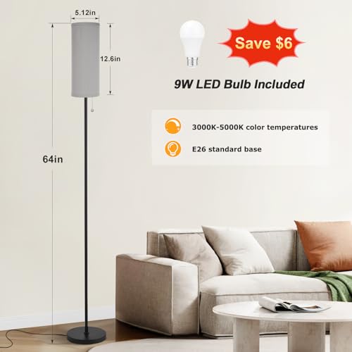 64" Floor Lamp with Bulb & Lampshade & Chain Switch, Grey & Black | 3 Color Temperature,9W LED bulb,Minimalist Floor Lamp,Tall Pole Lamps,Living Room,Bedrooms,for Study,Office - color: grey & black Classic, size: 64.56 inches 1PCS