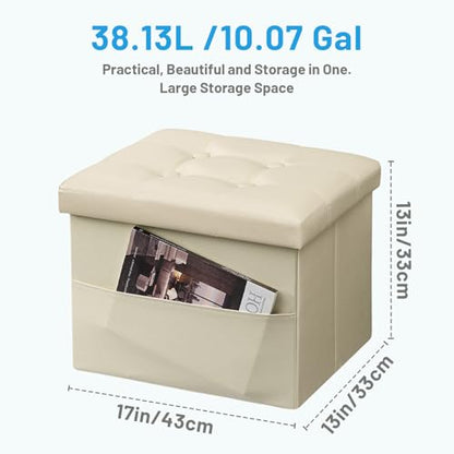 Bsketa Storage Ottoman Bench,17 Inch Folding Leather Foot Rest Stool, Beige | Small Ottoman with Side Pockets, Thicker Foam Padded Seat, Livingroom, Dorm, Bedroom, Easy to install, 43L,17x13x13in - color: Beige-with Side Pockets..