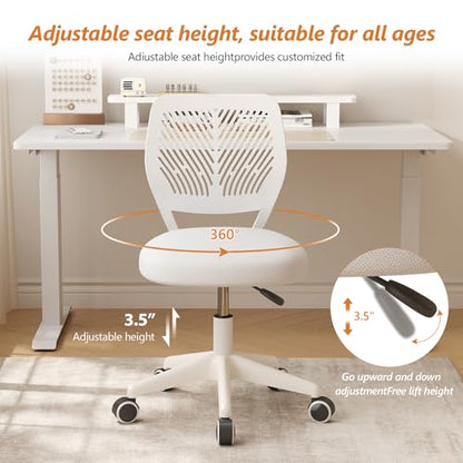 JPBSTO Armless Desk Chair, Height Adjustable Swivel Office Rolling Task Chairs with Soft Mesh Padded Cushion, Ergonomic Small Study Computer Chair for Girls Boys Teens (White, 1PC) - color: White