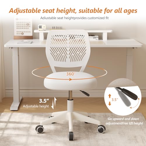 JPBSTO Armless Desk Chair, Height Adjustable Swivel Office Rolling Task Chairs with Soft Mesh Padded Cushion, Ergonomic Small Study Computer Chair for Girls Boys Teens (White, 2PCS) - color: White 2pcs