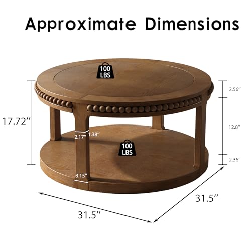 31.5" Round Wood Coffee Table, 2 Tier Modern Center Table,Solid Wood+MDF, Easy Assembly, Accent Table for Living Room, Apartment, Small Space. (Walnut) - color: Walnut-m