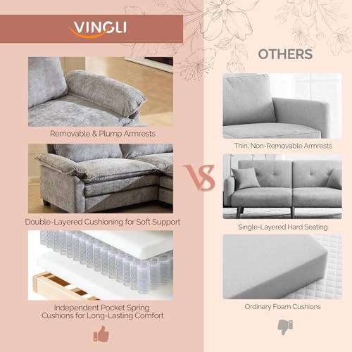 VINGLI 221cm(87인치) 컨버터블 섹션 소파, 거실용 L자형 딥 시트 소파 소파, 작은 공간을 위한 오토만 포함 모던 2인용 2인용 소파 (라이트 그레이) - color: 셔닐 라이트 그레이, size: 2-seaters-1-Ottoman